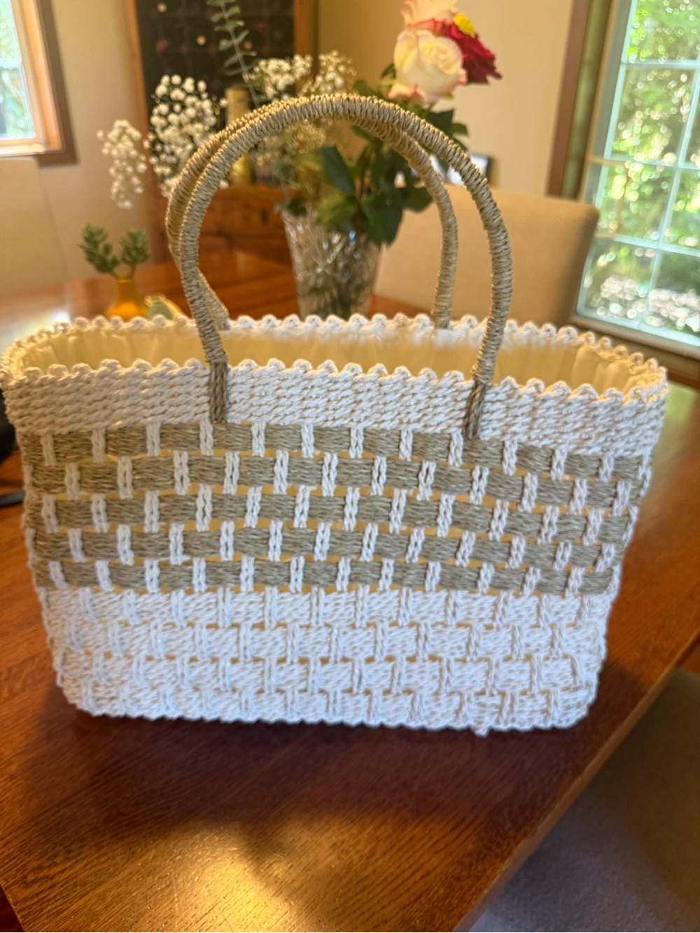 Woven Straw Tote Bag - Cream and Tan
